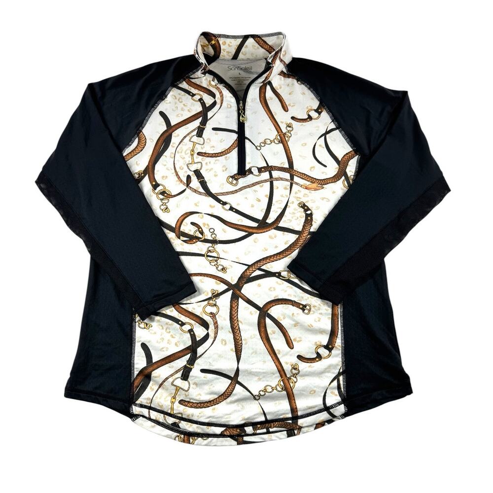 SanSoleil SolCool Long Sleeve 1/4 Zip L Equestrian Sun Shirt Bit Belt Pattern
